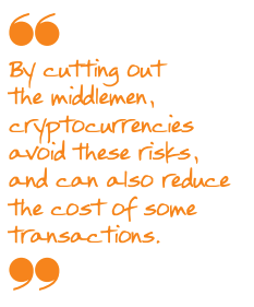 Quote:By cutting out the middlemen, cryptocurrencies aviod these risks, and can also reduce the cost of some transactions.